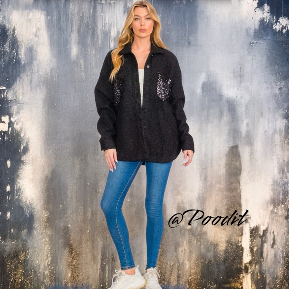 PEACH LOVE CALIFORNIA Black faux Sherpa sequin pocket jacket S M L - Picture 3 of 9